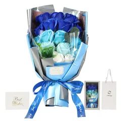 Moluppy ソープフラワー 花束 持ち運びに便利な 紙袋付き ボックス付き バラ 18本 グラデーション ブルー 青 造花 誕生日 記念日 お祝い 送別会 ギフト プレゼント 0
