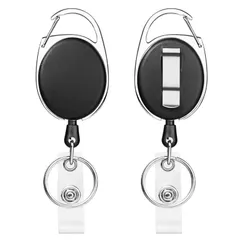 【ラスト1点】名札ホルダー クリップ式オンリール 伸縮キーホルダー 伸びる IDカードリール キーホルダー 落下防止 リールクリップ 黒 吊り下げ名札用リール 2個セット [サムコス] ブラックリールストラップ