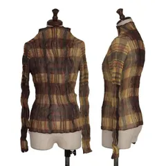 イッセイミヤケISSEY MIYAKE シースルーチェックプリーツカットソー 茶黄他M