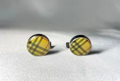 Burberry バーバリー チェックライン オーバルカフス カフリンクス ボタン イエローブラウン系 & クロームシルバー