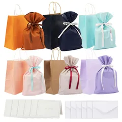 [TEMLUM] ラッピング袋 ギフトバッグ 包む リボン付き 紙袋 手提げ袋 プレゼント用 6色 ギフト メッセージカード付き 包装 無地 厚手 おしゃれ リサイクル可能 誕生日 結婚式 収納 (セット03)