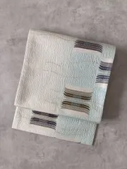 アイボリー×淡水色 抽象横段文様 変わり織 モダンデザイン 六通 洒落袋帯 ［F009］