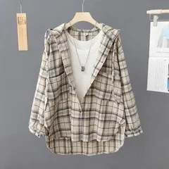 チェックパーカーフードシャツおしゃれ綿大きいサイズ羽織前開きアウターゆったり可愛