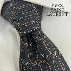 《美品》YVES SAINT LAURENT (イヴサンローラン) シルクネクタイ 総柄 楕円 チェーン ダークネイビー オレンジ ブルー