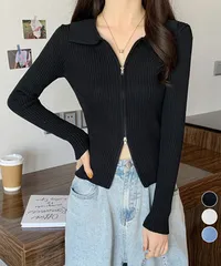 リブニットトップスレディースジップアップ