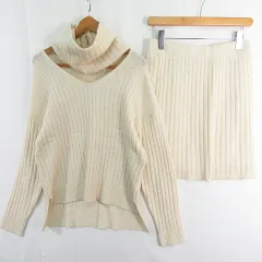 ヘザー Heather リブニット セットアップ セーター Vネック 長袖 スカート 膝丈 ネックウォーマー スヌード ストレッチ F アイボリー kz12717