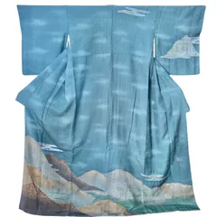 訪問着 正絹 作家物 落款あり 縮緬 金彩 半衿付き 絵羽柄 山景色 フォーマル 着物