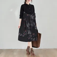 リネン混 シャツワンピース レディース 長袖 切り替え 花柄 ゆったり 大きいサイズ 春 ko1