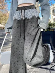 レース パッチワーク ドット柄 ワイドパンツ レディース、カジュアル ルーズ ストレートレッグ ズボン、デザイン ディテール、春秋