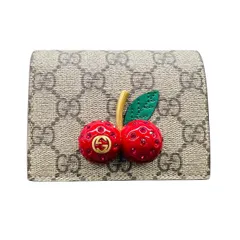 GUCCI 極美品 グッチ GGスプリーム チェリー ミニウォレット 二つ折り財布 476050 PVC レザー ベージュ レッド ブラウン コンパクトウォレット GGプラス Aランク 中古 鑑定済 グッチ財布