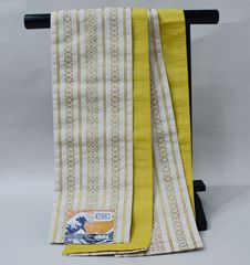 半幅帯 長尺約4.4ｍ 浴衣帯 細帯 日本製 ポリエステル 袷 アイボリー×黄色 リバーシブル NO42663