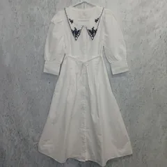 JUNOAH ジェノア 襟刺繍フレアワンピース レディースコットンドレス ホワイト×ネイビー刺繍 〇◇