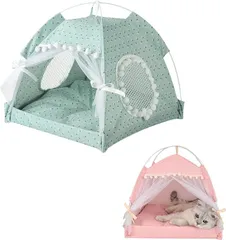 HAPPY SUGAR ペットテント 猫 犬 ペットハウス ペットベッド ドーム型 折りたたみ 組み立て簡単 通気性 可愛い お姫様風 (グリーン,  Mサイズ)