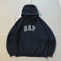 希少　旧紺タグ　90s　archive　OLD GAP　オールドギャップ　プルオーバーパーカー　デカロゴワッペン　スウェット生地　サイドリブ編み　ビッグサイズ　紺色　L　Y2K　ストリート　C-BOY　big logo patch pullover parka