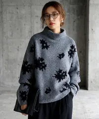 新品　antiqua　アンティカ　花柄 ニット トップス レディース ボトルネック 長袖　グレー　暖かい　ニット　ゆったり　セーター