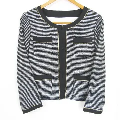 シップス SHIPS ツイード ノーカラー ジャケット 綿 レーヨン シルク M ブラック ボーダー kz13275