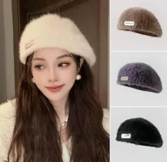 秋冬用 うさぎ毛風 ベレー帽 レディース　 防寒 2WAY レトロ 無地 画家帽 bu1