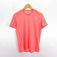 アディダス adidas RUNNING Tシャツ カットソー 半袖 クルーネック 総柄 ライン ロゴ 薄手 M オレンジ スポーツウェア ※EKM