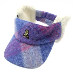 【美品】マークアンドロナ 耳当て付サンバイザー ブルー系×ピンク系×白 スカル レディース  ゴルフウェア MARK＆LONA