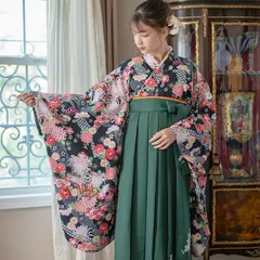 【HAKAST29-A2】袴一体型オールインワン着物ワンピース　（いにしえ華車黒×緑袴[A2]）　キャサリンコテージ TAK