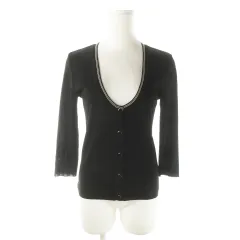 インディヴィ INDIVI カーディガン ニット 深Vネック 七分袖 ストレッチ ライン 38 黒 ブラック /AO7