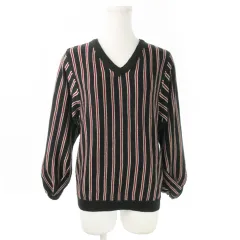 ビリーブ BELIEVE ニット セーター Vネック 長袖 袖ツイスト ストライプ 総柄 M 黒 ブラック /AO7