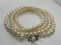アコヤ本真珠 2連ロングネックレス 約7mm 約70cm SILVER刻印 クラスプ テリ良好 パール 12c120.2