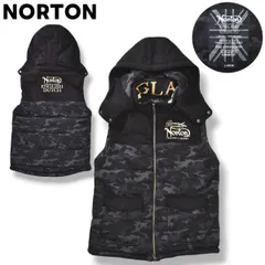 【美品】 ノートン NORTON フーデット ニット セーター キルティング ベスト パーカー 中綿 ジャンパー 刺繍 ロゴ L 迷彩柄 ブラック x グレー バイカー ストリート ブリティッシュ カジュアル メンズ