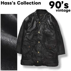 【本革】 90s ヴィンテージ Hass's Collection 牛革 カウハイド レザー ハーフ コート 裏地 中綿 キルティング 革ジャン ジャンパー LL レトロ モード カジュアル ウェア ブラック メンズ
