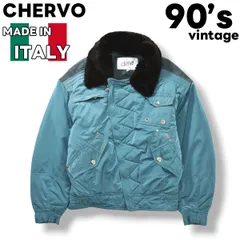 90s ヴィンテージ イタリア製 シェルボ CHERVO 中綿 スキー ジャケット ファー ボア ロゴ 刺繍 ウィンドブレーカー ジャンパー ジップアップ 44 ターコイズグリーン ウィンター スポーツ ウェア メンズ
