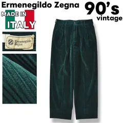 90s ヴィンテージ イタリア製 エルメネジルド ゼニア Ermenegildo Zegna 太畝 コーデュロイ パンツ ツータック シングルステッチ テーパード シルエット オプティ ジップ OPTI ZIP 48 グリーン メンズ