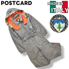 イタリア製 ポストカード POSTCARD フーデット ファー スキー ワンピース オールインワン つなぎ ウィンドブレーカー ジャンパー ジップアップ 中綿 38 総柄 グレー x オレンジ ウィンター スポーツ ウェア レディース ♪