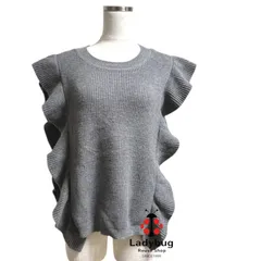 BZR　レディース　セーター　 フリルニット　ベスト　クルーネック　リブニットベスト　厚手　グレー　S