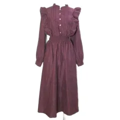 パンプキン Pumpkin ポート port 美品 ロングワンピース 長袖 フリル タック スタンドカラー 微起毛 フリーサイズ 紫 パープル /X