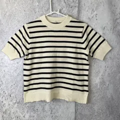 サマーニット サイドスリット トップス ボーダー レディース ホワイト×ブラック Ｌサイズ 半袖 □〇