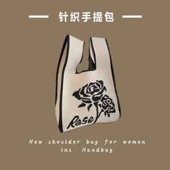 ミニハンドバッグ トートバッグ アイボリー バラ ニットバッグ 韓国風 レディース