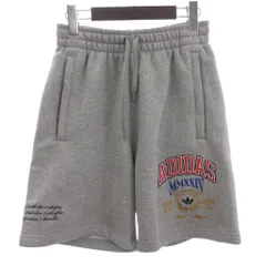 アディダス adidas 美品 ショートパンツ ハーフ スウェット プリント 刺繍 裏起毛 IX6771 グレー S