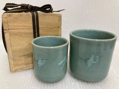 東國窯 方赫山 方澈柱 高麗青磁 韓国陶芸 鶴 ペア 夫婦湯呑み 茶道具