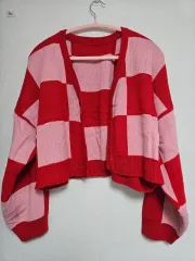 チェックパターン クロップドカーディガン レッド/ピンク F 新品