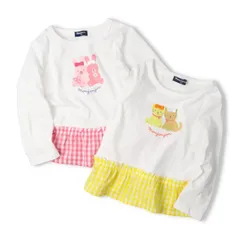 moujonjon うさぎネコプリント裾チェック長袖Tシャツ　m26803