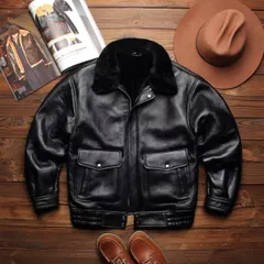 新品未使用 h 原生態シープスキン 皮毛一体 フライトジャケット  メンズ 本革 ムートン レザージャケット 防寒・保温 ブラック アビエイタージャケット