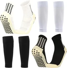 cobalt planet サッカーソックス 子供用 すべり止め付き 2足セット レッグカバー付属 キッズ ジュニア トレーニング 靴下 (ホワイト＆ブラック　レッグカバーセット,  20.0-22.0 cm)