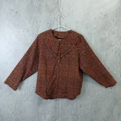 レディース 長袖 レッド 柄シャツ ブラウス 昭和レトロ ノーカラー 花柄 〇◇