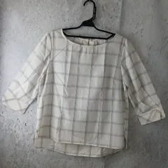 a.v.v アーヴェヴェ ホワイト グレー チェック柄 ノーカラーブラウス 七分袖 カットソー レディース トップス Ｌサイズ 〇□
