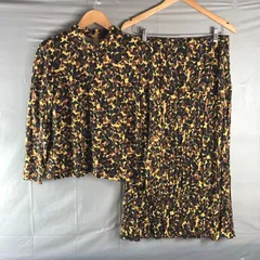 レマロン remalon セットアップ カットソー スカート 柄模様 ウール ハイネック 肩パッド 裏地付き 日本製 黒 茶 黄色系 982946