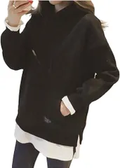 three Joy フード付きパーカー 裏起毛 トレーナー プルオーバー レディース (ブラック,  M)