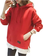 three Joy フード付きパーカー 裏起毛 トレーナー プルオーバー レディース (レッド,  XL)