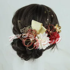 髪飾り 水引 オーガンジー リボン 編みおろし 結婚式 成人式 卒業式 卒園式 袴 着物 白無垢 前撮り ツインテール ゴールド ヘアピン 造花 ドライフラワー ママ振り 浴衣 qd1258