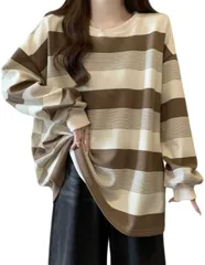 infage 長袖 ボーダー カットソー ゆったり ロンティー トップス 体型カバー カジュアル オーバーサイズ レディース (ベージュ,  M)