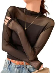 infage 長袖 カットソー シアー 透け感 トップス モック ネック 伸縮性 インナー スリム きれいめ 重ね着 レディース (ブラック,  L)